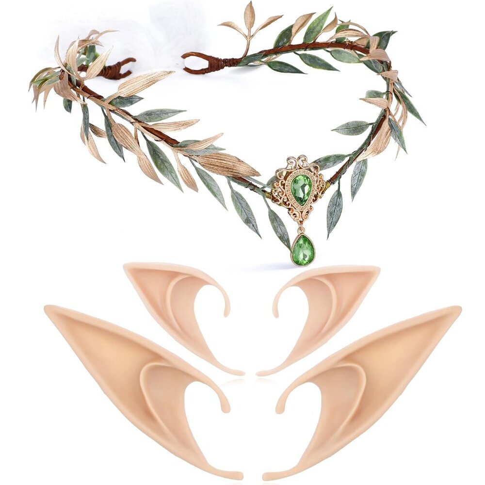 Fairy Crown with Elf Ears Set - Handmade Woodland Elf Headpiece with 2 Pairs Sof
